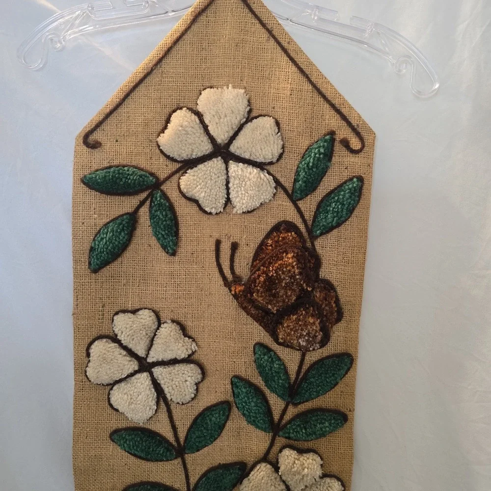 Vtg 1970's BOHO Burlap Flower Butterfly Latch Hook Completed Rug Wall Hanging